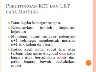 PERHITUNGAN EET DAN LET
CARA MATRIKS
 Buat logika ketergantungan.
 Berdasarkan jumlah lingkaran
kejadian
 Membuat bujur sangkar sebanyak
n+1 sehingga membentuk matriks
n+1 tuk kolom dan baris
 Kotak kecil pada sudut kiri atas
terbagi atas garis diagonal dan pada
bagian atas bertuliskan akhir dan
pada bagian bawah bertuliskan
mulai
 
