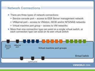 Network Connections

      There are three types of network connections:
        Service console port – access to ESX Server management network
        VMkernel port – access to VMotion, iSCSI and/or NFS/NAS networks
        Virtual machine port group – access to VM networks
      More than one connection type can exist on a single virtual switch, or
      each connection type can exist on its own virtual switch




Service   VMkernel
Console     port
 port                                 Virtual machine port groups




                       uplink ports
 