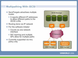 Multipathing With iSCSI

 SendTargets advertises multiple
 routes
   It reports different IP addresses
   to allow different paths to the
   iSCSI LUNs
 Routing done via IP network
 For the software initiator
   Counts as one network
   interface
   NIC teaming and multiple            IP Network
   SPs allow for multiple paths
 Currently supported via mru
 policy only
 