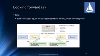 Looking forward (2)
24
• Istio
• Each service pod equips with a sidecar container (envoy), which enforces policy
Source: https://github.com/istio/auth
 