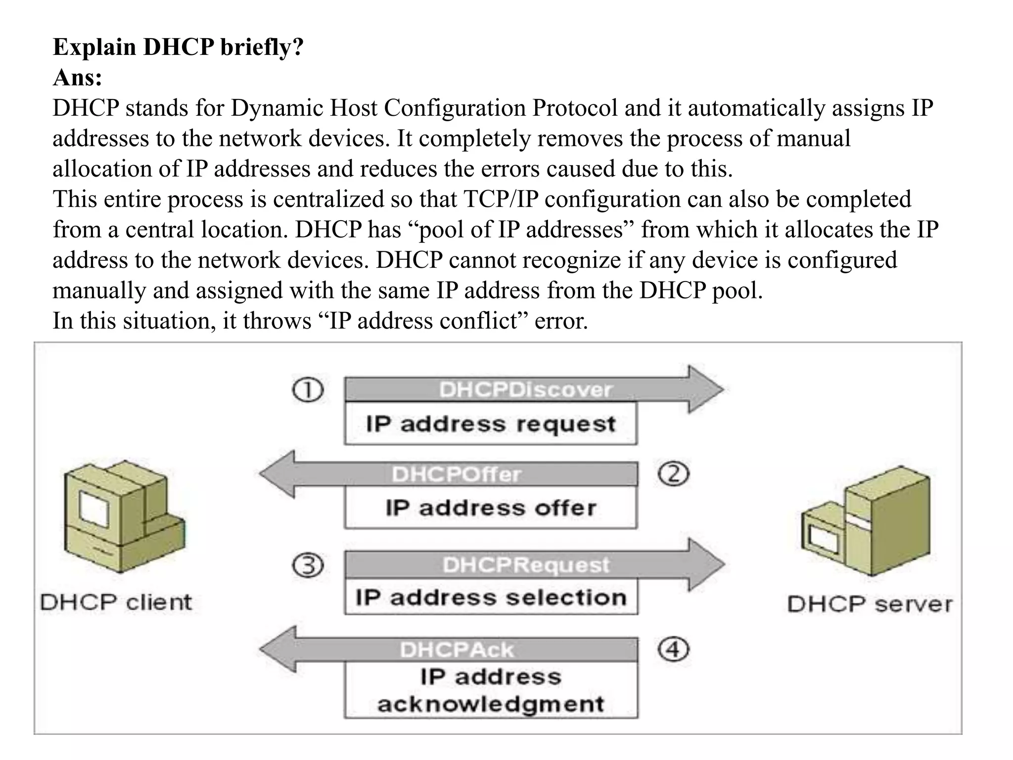 Explain DHCP briefly?
Ans:
DHCP stands for Dynamic Host Configuration Protocol and it automatically assigns IP
addresses to the network devices. It completely removes the process of manual
allocation of IP addresses and reduces the errors caused due to this.
This entire process is centralized so that TCP/IP configuration can also be completed
from a central location. DHCP has “pool of IP addresses” from which it allocates the IP
address to the network devices. DHCP cannot recognize if any device is configured
manually and assigned with the same IP address from the DHCP pool.
In this situation, it throws “IP address conflict” error.
 