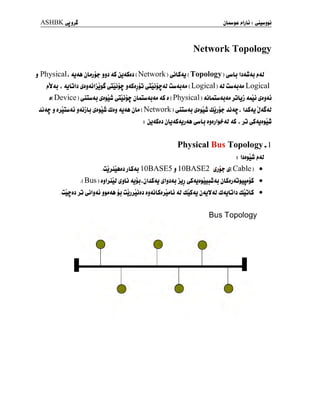 ASHBKyjjJ jl+U$£ : (^Lujjjj
Network Topology
j PhysicaL juaa jL*jj* iiJ jJA&J ( Network) ^LSju ( Topology
j»V<u 4 jjLjIj tfijAj IjjjS j4Sjjjj ^lû$£<Q uu<U4j ( Logical ) 4J uw4j<u Logical
j( Device )
^jlwJU liJjiu jUlw<U4j aS j ( Physical ) 4iUû«<U4j jjbj <uii ^jjAj
JÛ4£ j Jjûlw4i j4jju £i$jJêt JJJj <U4£ jLj ( Network )
^JuuJj ûJjjj^ JÛAJ4 u£<u J4SjU
: jj^Sjj jU4S4jj4A ^juLj jjjjI^AJ 4S 4 jj
Physical Bus Topology . 1
: bj£uû j»4J
.ujju4jjjU<u 10BASE5 j 10BASE2 &ktf(Cable) •
.( BuS ) J^ljûJ £jLi <U$J. jliSJU i^ljJAJ jjj ^JUjjuxwJU jLSjjAJ^ujjS •
.Cajjj jû (jjli<û jj«<U jj ujjjujj jjJûLSjjltlû <U ÛUS<u j<uV<U UlJUûb UûuLS •
Bus Topology
 