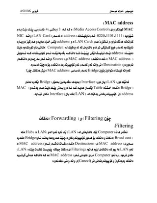 ASHBKeJj^
îMAC address
i»<u ûjj d-u ^jjjLjj ( 4 )
y-wAj (3 )<U <L!S j ( Media Access Control ) i$jjIjSjj$S MAC
NIC aJIj ( LAN Card jJluAJ j address ) ULÛUjLj ?<u ( 0220. 1101.1111) 4jj£l
jjLjjjj j^j<Lft jAjaa ^Jj( address ) j j( LAN Card )
j<la j jjljidSk* 4S<ûjLS
ûjj jjAidjjj jlj ^iLSji Computer ) <U LLSaj <U aS ^ajLjIj j<u jj ^JjjLS gu& jAmU jjJîijLj
jjjjjlj <l_S <lLu— jjlj j<lj <L-wj<U4Sj juSGIj LU luuj ^UiLÛ—j$i ULÛ( address ) ûUjjj
^JLSLjlj^djL^jAttjAj aJIj( Source)^(MAC address) <lSLjU jlSj(MAC address )
.jjAm<U ûiçjj jj ^jlSLjU i£jj4jjjx«jS j<û ^<uaS jAj <ulj Ji ( Destination ) j jjjjjLi
$ jjf .ÛLSjj Jkû ( MAC address )
^U<Li j<u<U Bridge jruU ijûljjjj LLûu AjIjjlS
j|j<U jj<Su( Bridge ) ^jlj jûu&i û<u<u ( Interface ) jjj jLj ( LAN ) jjj LlÛjLS
MAC )
j<Lw<u j<la ÛJJ ûLûj Ji<u jjj <lj <lS <lj<la jL-Ju( Table )<uûj- IjjlSj ( Bridge )
.<ljIjoj ^<lSj( Interface )
jb <lSj( LAN ) <U LLS<u ^LSjjAj^ujjS j ( address
ÛLSj: ( Forwarding ) j ( Filtering
5 Filtering
aSj( Hub ) !j( LAN )
j<U lj<Lj jjlj dj ( LAN ) <lJ ^SajGIj Uj( Computer ) ûU j<lS<lj
j^<lSj( Bridge )jLÛ jljjlj UjjjJU ÛUjj jLSjjJûjMjjS jjjjls jj <lSGIj j ûLSjj ( Broad cast
j( MAC address )
jjlj jJ-Sjlj ûUSjj 4_Sj( Destination ) $ MAC address ) ii>J4_ui
( LAN ) jLuj ûLSLj ûuj>j ASufr- ûLSjj ^( Filtering ) jpU jjjJ ^<lSLjIj <lS j^j Ij( LAN )jjU
jj>j>S jlSGIj aû jj( MAC address ) j4j ^jjli- ^jjj( Computer )j4j jj t jjjjj ^<lSj
: jj<lj<lSjj ^jjj 4jIj i(Canccl s
jj ^LSjjJLjjjjS j ^jSjjjjj aSLÛIj
 
