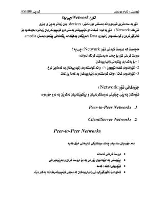 ASHBKeJj^
S4j^f(Network )jp
6 4) jjLj jij ( devices )
jJwlj jjj ^iluJj Jjlj Jj&u jjjjniui <u jp
jj djdSdjp JjJLj jiJjdJjJMjSjji pvAjjdJjjutjS S( ûLSom )ijjijjjj . ( Network )i£)jp
.( media )jmJj j^jSjj PISjSj: <U UUSaj (£4Sjj 4J ( Data ^jLûlj jjjS jjijULj
ÎJU^f (Network)jij^ji>Suujjji <U ûm<u<u
: AJljdJ dSjj% UJ.w.m4J4j jjAç jj jp (^jjjS uuujjJ
.
jLS4jJjLjlj (^jjjSLu i£jUU4j jj-
.^jj jjjMJiS <u jLSJjjjLjj ^jjjLuuI^I jûIj // (
jj^jLu xûlS ^ji<jljiS -2
.uLS jjjUaS <u jLSJjjjLûj ^jjAilwl^S <Uiy/ ûLS ipjAjljjZ -3
( Network )jjj
v
t djjtf JJJ <U jjjSjJ jLuLu^u J jLÛJj^i^jJ ^JJ <U jLSjjjj
Peer-to-Peer Networks .1
Client/Server Networks .2
Peer-to-Peer Networks
4J4A yjAjjLS ^SojLûuu jjj>." jJJJJLw jUjjj^ j»AJ
<ûLwLj (jjjjiS uwjjJ *
i <3 £“J>*
<H ^ ji3 4J pJJ$JJ •
JU4S ( 4dlS )cjjii*»J •
.ûjj jLSJU UjLSjjJLJiuMjS (jjjJU 4l jLSJUJjLûlj (jjjjSjjSiijy jj Uj<Lj •
 
