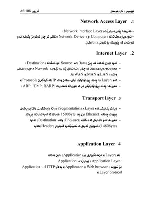 ASHBKyjj^
Network Access Layer .1
( Network Interface Layer ) lujjjm UjjjAA -
jAj jjijjJu jjz jj yjLSa ( Network Device ) j ( Computer ) 4S ÛLSjj ^jbj sjAj -
.
jLSd( bit )
(jjijLi jj &ujl) 4S jjjjjjb
Internet Layer .2
.( Destination ) 4jlÎ4j ajj ( Source ) 4J ( Data ) jj^ 4S ÛLS4j £)bj jjAj -
(jjLSdjljL* j( Network ) jj_û 4J ûij.Û4Û> LÛIj jjj>4SûLSjj jjbj jj4j jjj4A -
.|j( WAN )j( MAN )j( LAN ) j jlij
a( Protoeol )
jjjLSjjS 4S( IP )ÛJ aj j4Saa: Juj ûbJjSjûjjj Jû4^ b( Layer )
j»4J
-
( ARP, ICMP, RARP ) Jaj 4*4S 4ibjjdJ 4S Jj t^iîjSjjjjj Jû4^ Ljjj44 -
Transport layer .3
i$4S4j jj lûij ^jjSu4jIj 4jIj a ( Segmentation ) a( Layer j»4j ^mjj jJ>Jjb4 -
.ÛIjjj UjLS Û4J4J 4S ûij4i ( I500byte )4j |jj Ethernet ) 4Sj4ç ûIjjaj
4j4j ( Destination ) 4jIj ( End-user ) 4ÛLSjj 4S ^4jLjIj j4j Ljjj44 -
4j4Sj( Header ) ^jjLj 43 jj4Ljij4i 4S i$jj4j £jyj4i j(I460byte )
Application Layer .4
ûLSjj julj ( Application ) jj ^jljj^jJUji- j( Layer )
j»4i
Application 4J jjljL? ( Application Layer )
Application ) (HTTP)(»V4j a( Application ) ( Web browser )4jj>*j jj
j( Layer protocol
 
