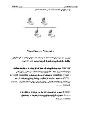ASHBKyjj^
peer-to-peer ^MNetwork^jjj ^Ajj^
Client/Server Networks
ijljpj<uj?- <lS ajIjLj (jSjjLS û<ujj- j$>b jJj Server aS Jsjjj tjj? j4l <u <yûjj
• ( j>?j ) Client ijijjjj jLuj 4S jj ^LSdjdj^usjS <j ûLSjj j«4Sujj
^jjL^ j jjj (jS>uijii> as <j (jSjj^û^A«js aj aj jjjjij :Server
(jjjjiSUjjuû (j5jj<LLuuy j( Server )
^j<û^u«jS j»Aj ,
4j<u Sjjj ( hard )jjLûlj
network operating Sjjjtt <û jj4w jj^jjljIû^ operating system )
jJLw lijû (jjiSjjAj^ujS 4j (jw JiSudj ^jij^SjAjji- Ûûlijjj f
system (NOS),
yahoo , )û)jj ( internet ^L^ <pijiya Jjp jLi ^LSj( Server) dtj ûLSj aSjjjP
. ( hotmail
<u ^jij^SjAjji- aS tStjjj j<u ^j'j ^jûijJLjjjdjjS «4i <u yjjj Client:
v **V ** ** *
<yiA <lS aûj 41 J<Uj<L4 (yLSjj4jf,yp j û)jj ujjZttjtj tjtSn Server
.<u<L4 jL(Internet)
 