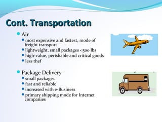 Cont. TransportationCont. Transportation
Air
most expensive and fastest, mode of
freight transport
lightweight, small packages <500 lbs
high-value, perishable and critical goods
less thef
Package Delivery
small packages
fast and reliable
increased with e-Business
primary shipping mode for Internet
companies
 