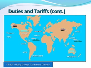 Duties and Tariffs (cont.)Duties and Tariffs (cont.)
APECAPEC
ASEANASEAN
ANZCERTAANZCERTA
FTAAFTAA
NAFTANAFTA
CALMCALM
ATPAATPA
MERCOSURMERCOSUR
TAFTATAFTA
Global Trading Groups (Customers Unions)Global Trading Groups (Customers Unions)
 