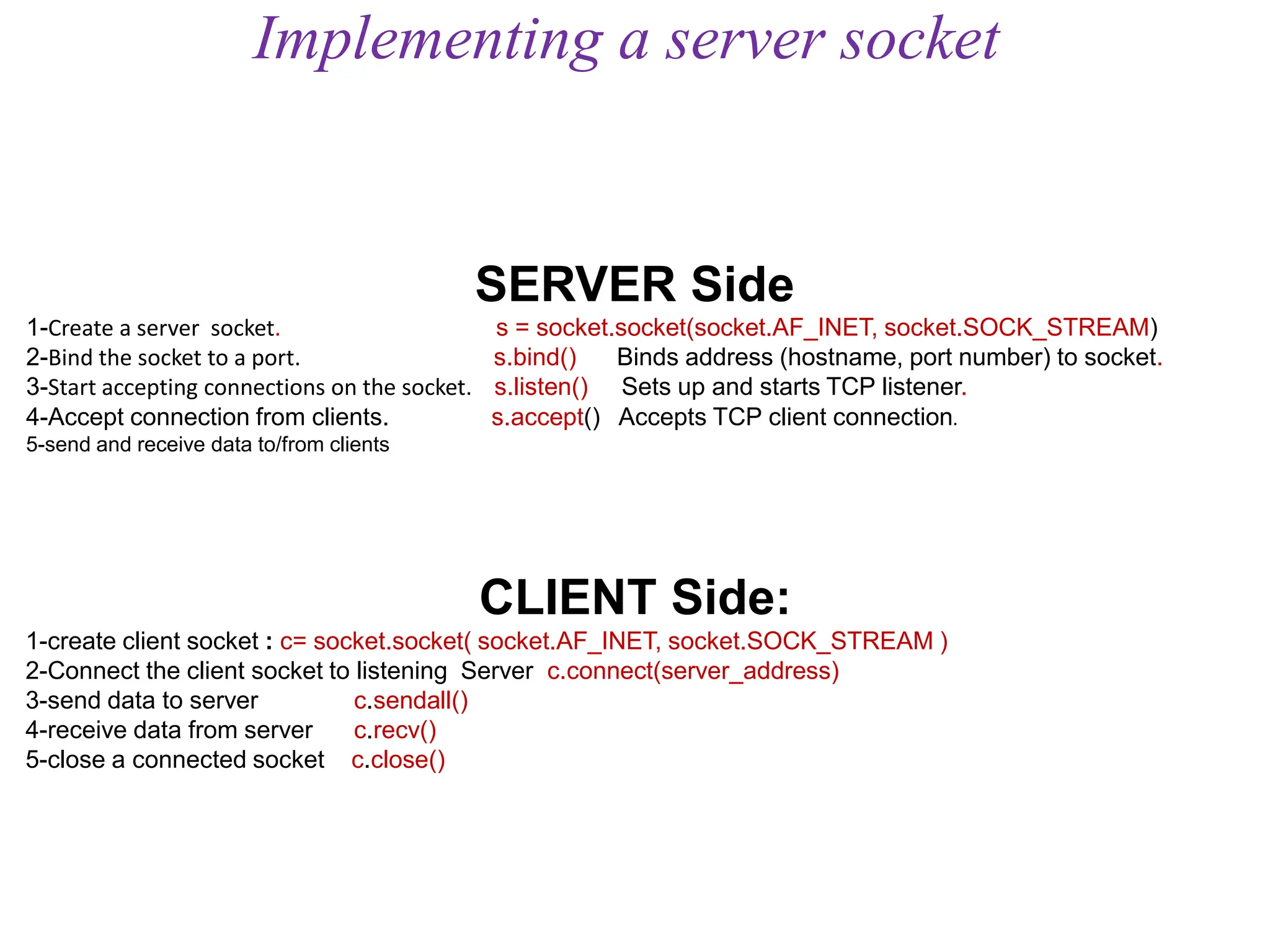 SERVER Side
1-Create a server socket. s = socket.socket(socket.AF_INET, socket.SOCK_STREAM)
2-Bind the socket to a port. s.bind() Binds address (hostname, port number) to socket.
3-Start accepting connections on the socket. s.listen() Sets up and starts TCP listener.
4-Accept connection from clients. s.accept() Accepts TCP client connection.
5-send and receive data to/from clients
CLIENT Side:
1-create client socket : c= socket.socket( socket.AF_INET, socket.SOCK_STREAM )
2-Connect the client socket to listening Server c.connect(server_address)
3-send data to server c.sendall()
4-receive data from server c.recv()
5-close a connected socket c.close()
Implementing a server socket
 