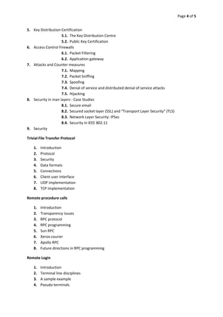 Page 4 of 5 
 

5. Key Distribution Certification 
                    5.1. The Key Distribution Centre 
                    5.2. Public Key Certification 
6. Access Control Firewalls 
                    6.1. Packet Filtering 
                    6.2. Application gateway 
7. Attacks and Counter measures 
                    7.1. Mapping 
                    7.2. Packet Sniffing 
                    7.3. Spoofing 
                    7.4. Denial of service and distributed denial of service attacks 
                    7.5. Hijacking 
8. Security in man layers : Case Studies 
                    8.1. Secure email 
                    8.2. Secured socket layer (SSL) and “Transport Layer Security” (TLS)  
                    8.3. Network Layer Security: IPSec 
                    8.4. Security in IEEE 802.11 
9. Security 

Trivial File Transfer Protocol 

    1.   Introduction 
    2.   Protocol 
    3.   Security 
    4.   Data formats 
    5.   Connections 
    6.   Client user interface 
    7.   UDP implementation 
    8.   TCP implementation 

Remote procedure calls 

    1.   Introduction 
    2.   Transparency issues 
    3.   RPC protocol 
    4.   RPC programming 
    5.   Sun RPC 
    6.   Xerox courier 
    7.   Apollo RPC 
    8.   Future directions in RPC programming 

Remote Login 

    1.   Introduction 
    2.   Terminal line disciplines 
    3.   A sample example 
    4.   Pseudo terminals 
 