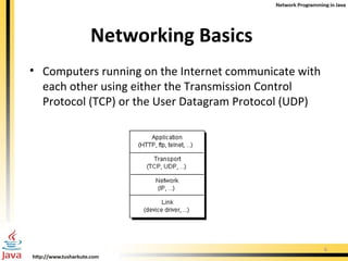 Networking Basics  Computers running on the Internet communicate with each other using either the Transmission Control Protocol (TCP) or the User Datagram Protocol (UDP)  