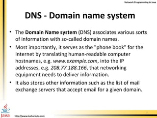 DNS - Domain name system  The  Domain Name system  (DNS) associates various sorts of information with so-called domain names. Most importantly, it serves as the "phone book" for the Internet by translating human-readable computer hostnames, e.g.  www.example.com , into the IP addresses, e.g.  208.77.188.166 , that networking equipment needs to deliver information. It also stores other information such as the list of mail exchange servers that accept email for a given domain.  