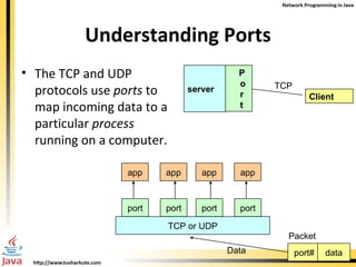 Understanding Ports The TCP and UDP protocols use  ports  to map incoming data to a particular  process  running on a computer. server P o r t Client TCP TCP or UDP port port port port app app app app port# data Data Packet 