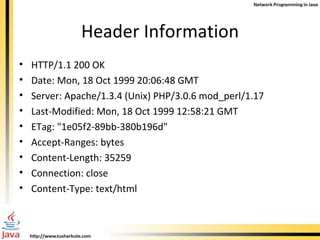 Header Information HTTP/1.1 200 OK Date: Mon, 18 Oct 1999 20:06:48 GMT Server: Apache/1.3.4 (Unix) PHP/3.0.6 mod_perl/1.17 Last-Modified: Mon, 18 Oct 1999 12:58:21 GMT ETag: &quot;1e05f2-89bb-380b196d&quot; Accept-Ranges: bytes Content-Length: 35259 Connection: close Content-Type: text/html 