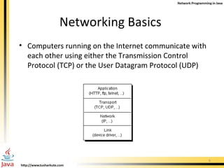 Networking Basics  Computers running on the Internet communicate with each other using either the Transmission Control Protocol (TCP) or the User Datagram Protocol (UDP)  