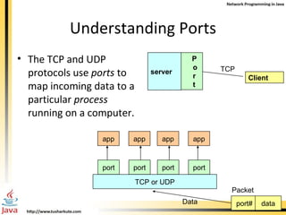 Understanding Ports The TCP and UDP protocols use  ports  to map incoming data to a particular  process  running on a computer. server P o r t Client TCP TCP or UDP port port port port app app app app port# data Data Packet 