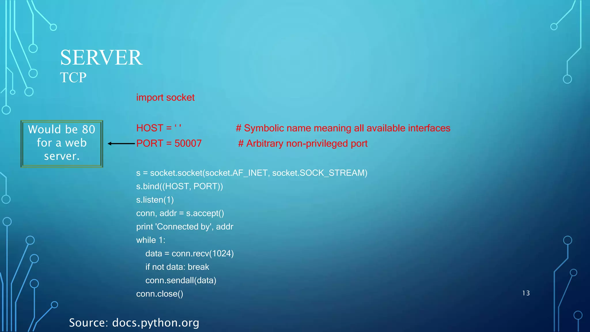 SERVER TCP 13 import socket HOST = ‘ ' # Symbolic name meaning all available interfaces PORT = 50007 # Arbitrary non-privileged port s = socket.socket(socket.AF_INET, socket.SOCK_STREAM) s.bind((HOST, PORT)) s.listen(1) conn, addr = s.accept() print 'Connected by', addr while 1: data = conn.recv(1024) if not data: break conn.sendall(data) conn.close() Source: docs.python.org Would be 80 for a web server. 