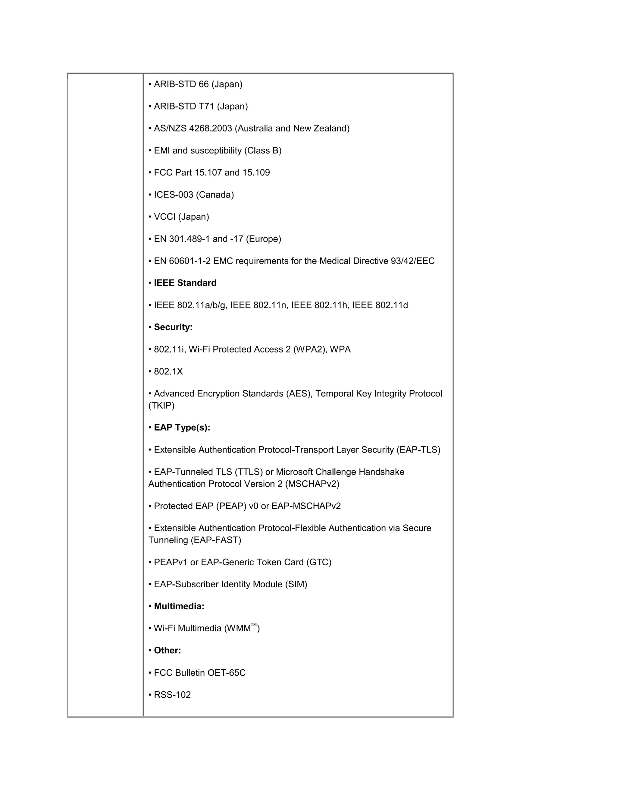 • ARIB-STD 66 (Japan)

• ARIB-STD T71 (Japan)

• AS/NZS 4268.2003 (Australia and New Zealand)

• EMI and susceptibility (Class B)

• FCC Part 15.107 and 15.109

• ICES-003 (Canada)

• VCCI (Japan)

• EN 301.489-1 and -17 (Europe)

• EN 60601-1-2 EMC requirements for the Medical Directive 93/42/EEC

• IEEE Standard

• IEEE 802.11a/b/g, IEEE 802.11n, IEEE 802.11h, IEEE 802.11d

• Security:

• 802.11i, Wi-Fi Protected Access 2 (WPA2), WPA

• 802.1X

• Advanced Encryption Standards (AES), Temporal Key Integrity Protocol
(TKIP)

• EAP Type(s):

• Extensible Authentication Protocol-Transport Layer Security (EAP-TLS)

• EAP-Tunneled TLS (TTLS) or Microsoft Challenge Handshake
Authentication Protocol Version 2 (MSCHAPv2)

• Protected EAP (PEAP) v0 or EAP-MSCHAPv2

• Extensible Authentication Protocol-Flexible Authentication via Secure
Tunneling (EAP-FAST)

• PEAPv1 or EAP-Generic Token Card (GTC)

• EAP-Subscriber Identity Module (SIM)

• Multimedia:

• Wi-Fi Multimedia (WMM™)

• Other:

• FCC Bulletin OET-65C

• RSS-102
 