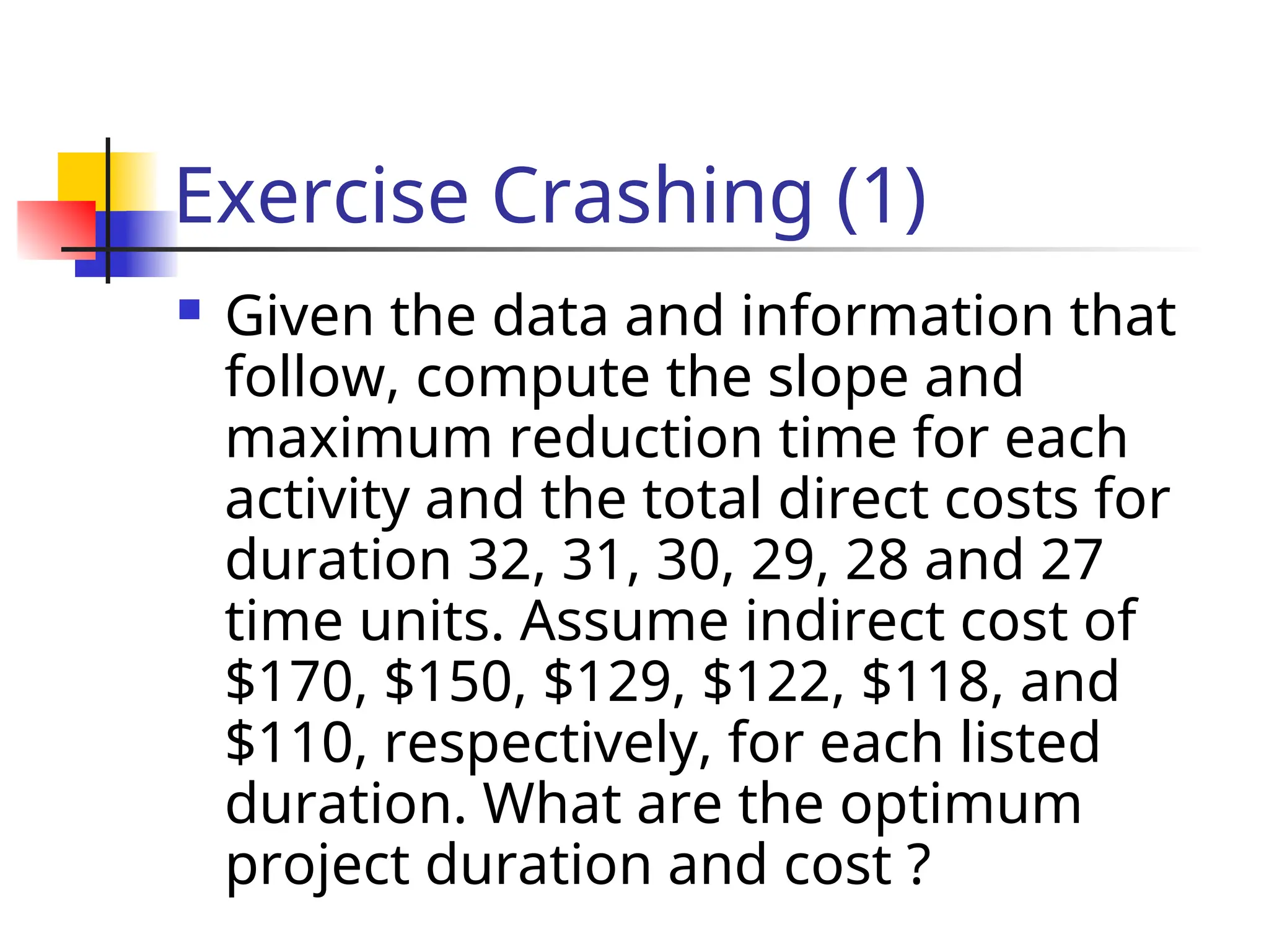 Exercise Crashing (1)
 Given the data and information that
follow, compute the slope and
maximum reduction time for each
activity and the total direct costs for
duration 32, 31, 30, 29, 28 and 27
time units. Assume indirect cost of
$170, $150, $129, $122, $118, and
$110, respectively, for each listed
duration. What are the optimum
project duration and cost ?
 