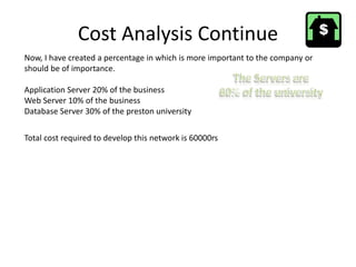 Cost Analysis Continue
Now, I have created a percentage in which is more important to the company or
should be of importance.
Application Server 20% of the business
Web Server 10% of the business
Database Server 30% of the preston university
Total cost required to develop this network is 60000rs
 