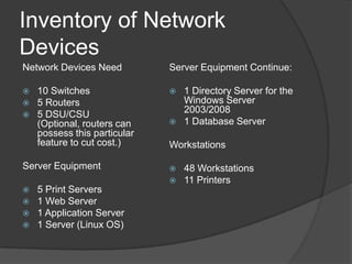 Inventory of Network DevicesNetwork Devices Need10 Switches5 Routers5 DSU/CSU (Optional, routers can possess this particular feature to cut cost.)Server Equipment5 Print Servers1 Web Server1 Application Server1 Server (Linux OS)Server Equipment Continue:1 Directory Server for the Windows Server 2003/20081 Database ServerWorkstations48 Workstations11 Printers