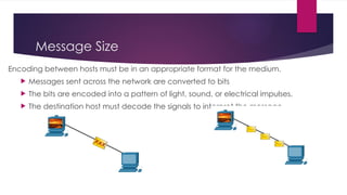 Message Size
Encoding between hosts must be in an appropriate format for the medium.
 Messages sent across the network are converted to bits
 The bits are encoded into a pattern of light, sound, or electrical impulses.
 The destination host must decode the signals to interpret the message.
 