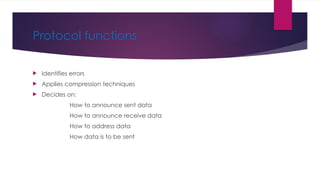 Protocol functions
 Identifies errors
 Applies compression techniques
 Decides on:
How to announce sent data
How to announce receive data
How to address data
How data is to be sent
 