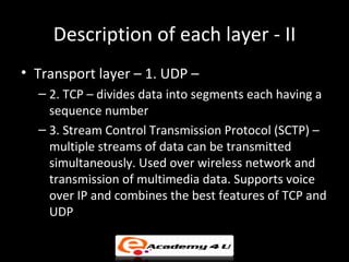 Description of each layer - II
• Transport layer – 1. UDP –
  – 2. TCP – divides data into segments each having a
    sequence number
  – 3. Stream Control Transmission Protocol (SCTP) –
    multiple streams of data can be transmitted
    simultaneously. Used over wireless network and
    transmission of multimedia data. Supports voice
    over IP and combines the best features of TCP and
    UDP
 