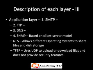 Description of each layer - III
• Application layer – 1. SMTP –
  – 2. FTP –
  – 3. DNS –
  – 4. SNMP – Based on client-server model
  – NFS – Allows different Operating systems to share
    files and disk storage
  – TFTP – Uses UDP to upload or download files and
    does not provide security features
 