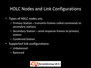 HDLC Nodes and Link Configurations
• Types of HDLC nodes are:
   – Primary Station – transmits frames called commands to
     secondary stations
   – Secondary Station – send response frames to primary
     station
   – Combined Station
• Supported link configurations:
   – Unbalanced
   – Balanced
 