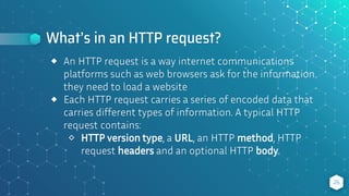 What’s in an HTTP request?
26
⬥ An HTTP request is a way internet communications
platforms such as web browsers ask for the information
they need to load a website
⬥ Each HTTP request carries a series of encoded data that
carries different types of information. A typical HTTP
request contains:
⬦ HTTP version type, a URL, an HTTP method, HTTP
request headers and an optional HTTP body.
 