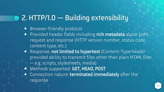 2. HTTP/1.0 — Building extensibility
33
⬥ Browser-friendly protocol
⬥ Provided header fields including rich metadata about both
request and response (HTTP version number, status code,
content type, etc.)
⬥ Response: not limited to hypertext (Content-Type header
provided ability to transmit files other than plain HTML files
— e.g. scripts, stylesheets, media)
⬥ Methods supported: GET, HEAD, POST
⬥ Connection nature: terminated immediately after the
response
 