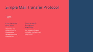 Simple Mail Transfer Protocol
Types
The end-to-end
model is used to
communicate
between different
organizations
End-to-end
method
the store and forward
method is used within an
organization
Store-and-
forward
method
 
