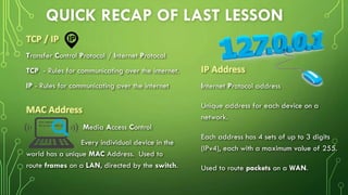 QUICK RECAP OF LAST LESSON
IP Address
Internet Protocol address
Unique address for each device on a
network.
Each address has 4 sets of up to 3 digits
(IPv4), each with a maximum value of 255.
Used to route packets on a WAN.
MAC Address
Media Access Control
Every individual device in the
world has a unique MAC Address. Used to
route frames on a LAN, directed by the switch.
TCP / IP
Transfer Control Protocol / Internet Protocol
TCP - Rules for communicating over the internet.
IP - Rules for communicating over the internet
 