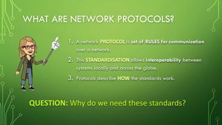 WHAT ARE NETWORK PROTOCOLS?
1. A network PROTOCOL is set of RULES for communication
over a network.
2. This STANDARDISATION allows interoperability between
systems locally and across the globe.
3. Protocols describe HOW the standards work.
QUESTION: Why do we need these standards?
 