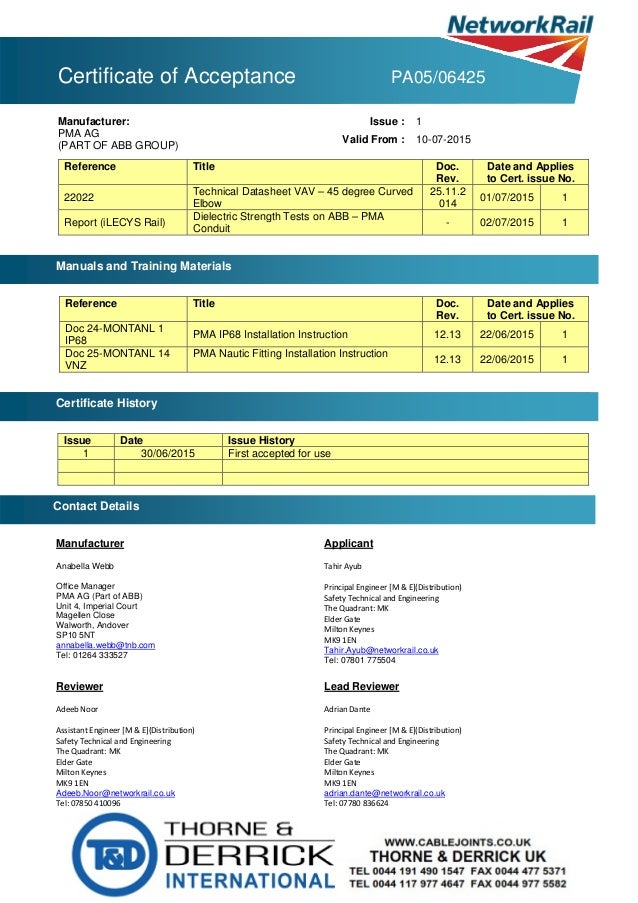 Network Rail Full Certificate ABB Insulated Flexible Conduits Matin…