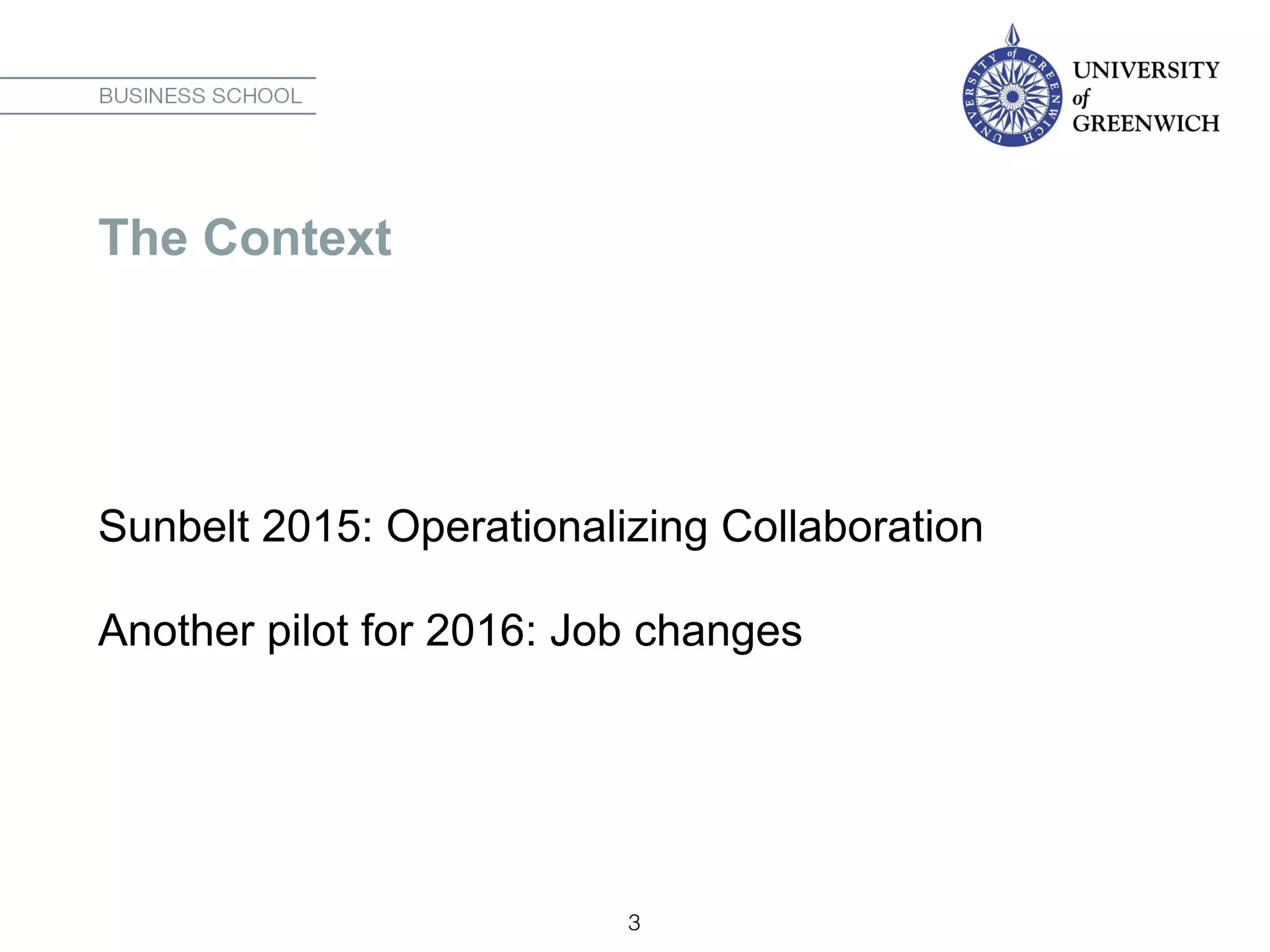 The Context
Sunbelt 2015: Operationalizing Collaboration
Another pilot for 2016: Job changes
3
 