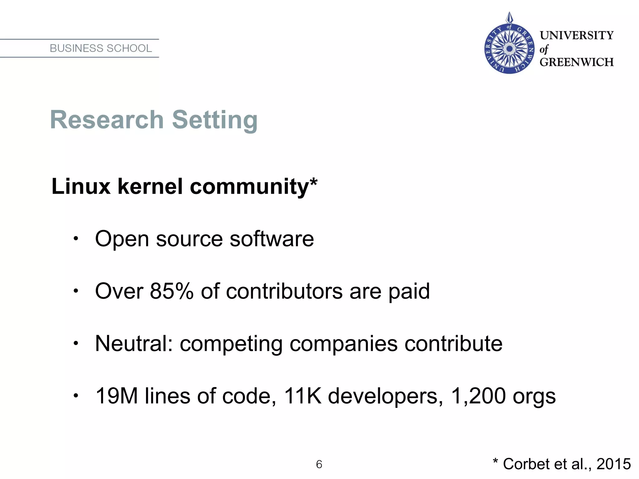 Research Setting
Linux kernel community*
• Open source software
• Over 85% of contributors are paid
• Neutral: competing companies contribute
• 19M lines of code, 11K developers, 1,200 orgs
6 * Corbet et al., 2015
 