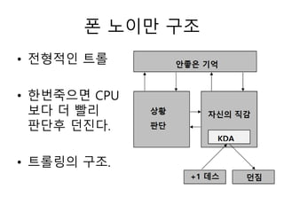 폰 노이만 구조 
• 전형적인 트롤 
• 한번죽으면 CPU 
보다 더 빨리 
판단후 던진다. 
• 트롤링의 구조. 
 