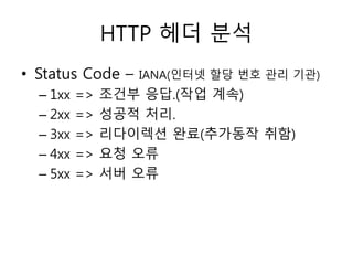 HTTP 헤더 분석 
• Status Code – IANA(인터넷 할당 번호 관리 기관) 
– 1xx => 조건부 응답.(작업 계속) 
– 2xx => 성공적 처리. 
– 3xx => 리다이렉션 완료(추가동작 취함) 
– 4xx => 요청 오류 
– 5xx => 서버 오류 
 