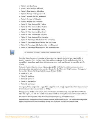 Network Rightsizing Best Practices Guide | Solution Guide Analyze | 29
 Value 3: Interface Name
 Value 4: Total Number of In Byte
 Value 5: Total Number of Out Byte
 Value 6: Average In Bits per second
 Value 7: Average Out Bits per second
 Value 8: Average In Utilisation
 Value 9: Average Out Utilisation
 Value 10: Total Number of In Packets
 Value 11: Total Number of Out Packets
 Value 12: Total Number of In Errors
 Value 13: Total Number of Out Errors
 Value 14: Total Number of In Discards
 Value 15: Total Number of Out Discards
 Value 16: Percentage of In Packets that had Errors
 Value 17: Percentage of Out Packets that had Errors
 Value 18: Percentage of In Packets that were Discarded
 Value 19: Percentage of Out Packets that were Discarded
Since the Statseeker server is running on Linux, you can log on to the server and copy this file to
another computer. Once you have copied it to another computer, the file can be imported into a
spreadsheet or database application, where you can more easily sort the data or search for specific
criteria.
Statseeker has developed a custom rightsizing script file for Aruba in order to provide even more
information than is available in the interface-if-stats-90d file. The script 90d.pl combines the output of
the interface-if-stats-90d file and adds five more fields to the file:
 Value 20: ifTitle
 Value 21: ipaddress
 Value 22: sysDescr
 Value 23: sysLocation
 Value 24: sysContact
On request, Aruba can provide a copy of this script. To use it, simply copy it to the Statseeker server in /
home/statseeker directory and run it as ./90d.pl.
When you copy the file to the server, make sure that the transfer mode is set to ASCII and not binary.
After it is copied, you will also need to make it executable by issuing the command “chmod +x 90d.pl”.
The name of the output file will is /home/statseeker/interface-if-stats-90d-extra.csv.
Since several of the extra fields may contain commas, the fields are quoted. The five extra fields provide
additional information that should help identify and locate the switches on your network.
N O T E
Do not modify the copy of the file on the Statseeker server.
 