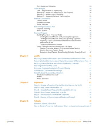 4 | Contents Network Rightsizing Best Practices Guide | Solution Guide
Port Usage and Utilization 26
Traffic Analysis 30
User Categorization for Rightsizing 30
Method A – Assign by Usage Type or Job Function 30
Method B – Assign by Port Utilization 31
Method C – Assign by Network Traffic Analysis 33
Network Consolidation 33
Closet Layout 33
Stacked Switches 33
Blade Switches 34
802.11n Implementation Plan 34
Capacity Planning 34
Aruba RF Plan 36
Financial Analysis 40
Building Your Own Financial Model 40
Creating Financial Models for Future Capital Expenses 40
Creating Financial Models for Future Operating Expenses 40
Projecting Capital Expenses and Operational Expenses for
a Pervasive WLAN 40
Computing Rightsizing Savings 41
Using the Aruba Return on Investment Calculator 41
Existing Enterprise Network Environment Values Section
(Input & Summary Results Sheet) 41
Questions About Typical Costs Section (Editable Defaults Sheet) 42
Chapter 4 Justify 43
Reducing Future Access-Layer Capital Expenses and Maintenance Fees 43
Reducing Future Distribution-Layer Capital Expenses and Maintenance Fees 43
Reducing Current Network Administration Operating Expenses 44
Reducing Electrical Utility Costs 44
Improving Employee Productivity Through Mobility 44
Summarizing Cumulative Cost Savings 44
Case Studies of Successful Justifications 45
The California State University 45
KPMG 45
Aruba Networks 46
Chapter 5 Implement 47
Step 1 – Develop a Transition Plan for Migrating Users to the WLAN 47
Step 2 – Bring Up the Pervasive WLAN 47
Step 3 – Upgrade Target Population Devices (NICs, drivers) 47
Step 4 – Move Groups Sequentially to WLAN 48
Step 5 – Decommission Selected LAN Segments 48
Step 6 – Dispose of Decommissioned Equipment Properly 48
Chapter 6 Validate 49
Validation Against Justification 49
How to Confirm/Prove that the Projected Return on Investment was Achieved 49
 