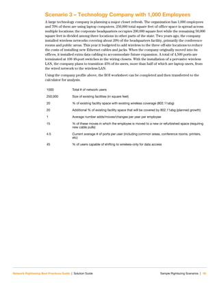 Network Rightsizing Best Practices Guide | Solution Guide Sample Rightsizing Scenarios | 55
Scenario 3 – Technology Company with 1,000 Employees
A large technology company is planning a major closet refresh. The organization has 1,000 employees
and 70% of them are using laptop computers. 250,000 total square feet of office space is spread across
multiple locations: the corporate headquarters occupies 200,000 square feet while the remaining 50,000
square feet is divided among three locations in other parts of the state. Two years ago, the company
installed wireless networks covering about 20% of the headquarters facility, primarily the conference
rooms and public areas. This year it budgeted to add wireless to the three off-site locations to reduce
the costs of installing new Ethernet cables and jacks. When the company originally moved into its
offices, it installed extra data cabling to accommodate future expansion. A total of 4,500 ports are
terminated at 108 48-port switches in the wiring closets. With the installation of a pervasive wireless
LAN, the company plans to transition 45% of its users, more than half of which are laptop users, from
the wired network to the wireless LAN.
Using the company profile above, the ROI worksheet can be completed and then transferred to the
calculator for analysis.
1000 Total # of network users
250,000 Size of existing facilities (in square feet)
20 % of existing facility space with existing wireless coverage (802.11abg)
20 Additional % of existing facility space that will be covered by 802.11abg (planned growth)
1 Average number adds/moves/changes per year per employee
15 % of these moves in which the employee is moved to a new or refurbished space (requiring
new cable pulls)
4.5 Current average # of ports per user (including common areas, conference rooms, printers,
etc)
45 % of users capable of shifting to wireless-only for data access
 
