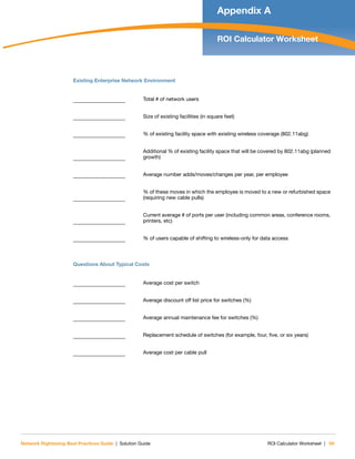 Network Rightsizing Best Practices Guide | Solution Guide ROI Calculator Worksheet | 59
Appendix A
ROI Calculator Worksheet
Existing Enterprise Network Environment
Total # of network users
Size of existing facilities (in square feet)
% of existing facility space with existing wireless coverage (802.11abg)
Additional % of existing facility space that will be covered by 802.11abg (planned
growth)
Average number adds/moves/changes per year, per employee
% of these moves in which the employee is moved to a new or refurbished space
(requiring new cable pulls)
Current average # of ports per user (including common areas, conference rooms,
printers, etc)
% of users capable of shifting to wireless-only for data access
Questions About Typical Costs
Average cost per switch
Average discount off list price for switches (%)
Average annual maintenance fee for switches (%)
Replacement schedule of switches (for example, four, five, or six years)
Average cost per cable pull
 