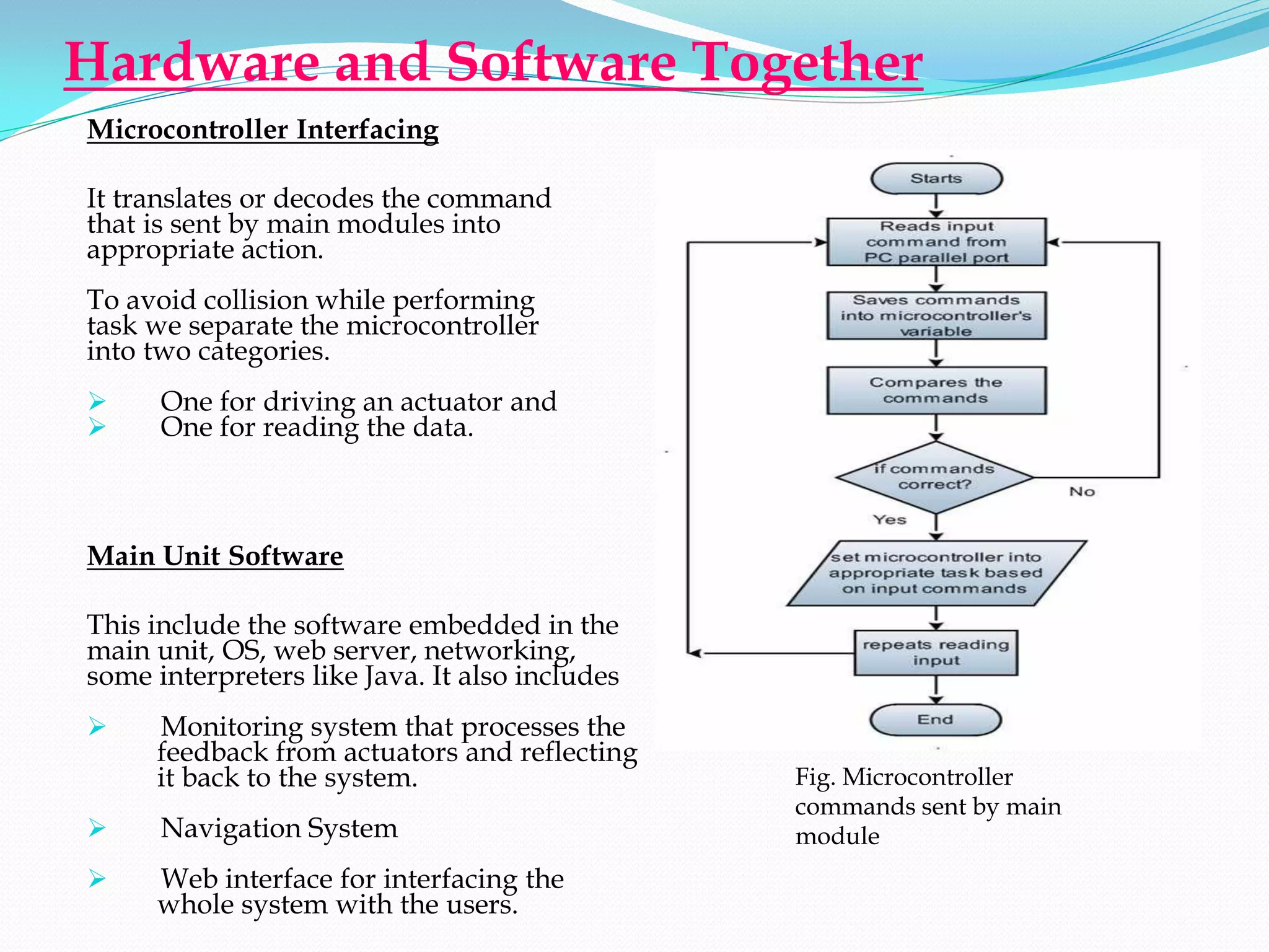 Hardware and Software Together
Microcontroller Interfacing

It translates or decodes the command
that is sent by main modules into
appropriate action.
To avoid collision while performing
task we separate the microcontroller
into two categories.
     One for driving an actuator and
     One for reading the data.



Main Unit Software

This include the software embedded in the
main unit, OS, web server, networking,
some interpreters like Java. It also includes
    Monitoring system that processes the
     feedback from actuators and reflecting
     it back to the system.                     Fig. Microcontroller
                                                commands sent by main
     Navigation System                         module
    Web interface for interfacing the
     whole system with the users.
 