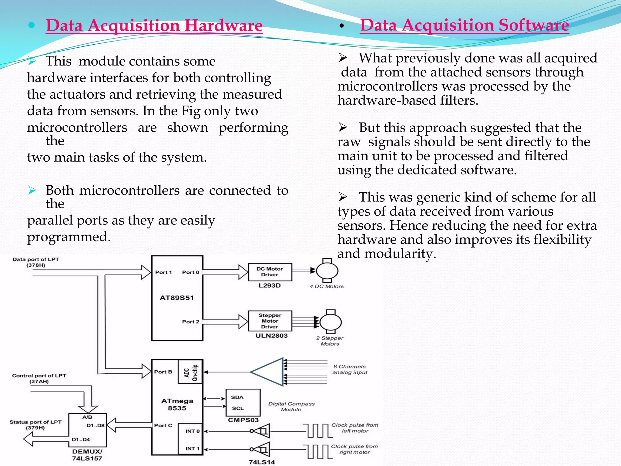  Data Acquisition Hardware                 •   Data Acquisition Software

 This module contains some                  What previously done was all acquired
hardware interfaces for both controlling    data from the attached sensors through
                                            microcontrollers was processed by the
the actuators and retrieving the measured   hardware-based filters.
data from sensors. In the Fig only two
microcontrollers are shown performing        But this approach suggested that the
   the                                      raw signals should be sent directly to the
two main tasks of the system.               main unit to be processed and filtered
                                            using the dedicated software.
 Both microcontrollers are connected to
   the                                       This was generic kind of scheme for all
                                            types of data received from various
parallel ports as they are easily           sensors. Hence reducing the need for extra
programmed.                                 hardware and also improves its flexibility
                                            and modularity.
 