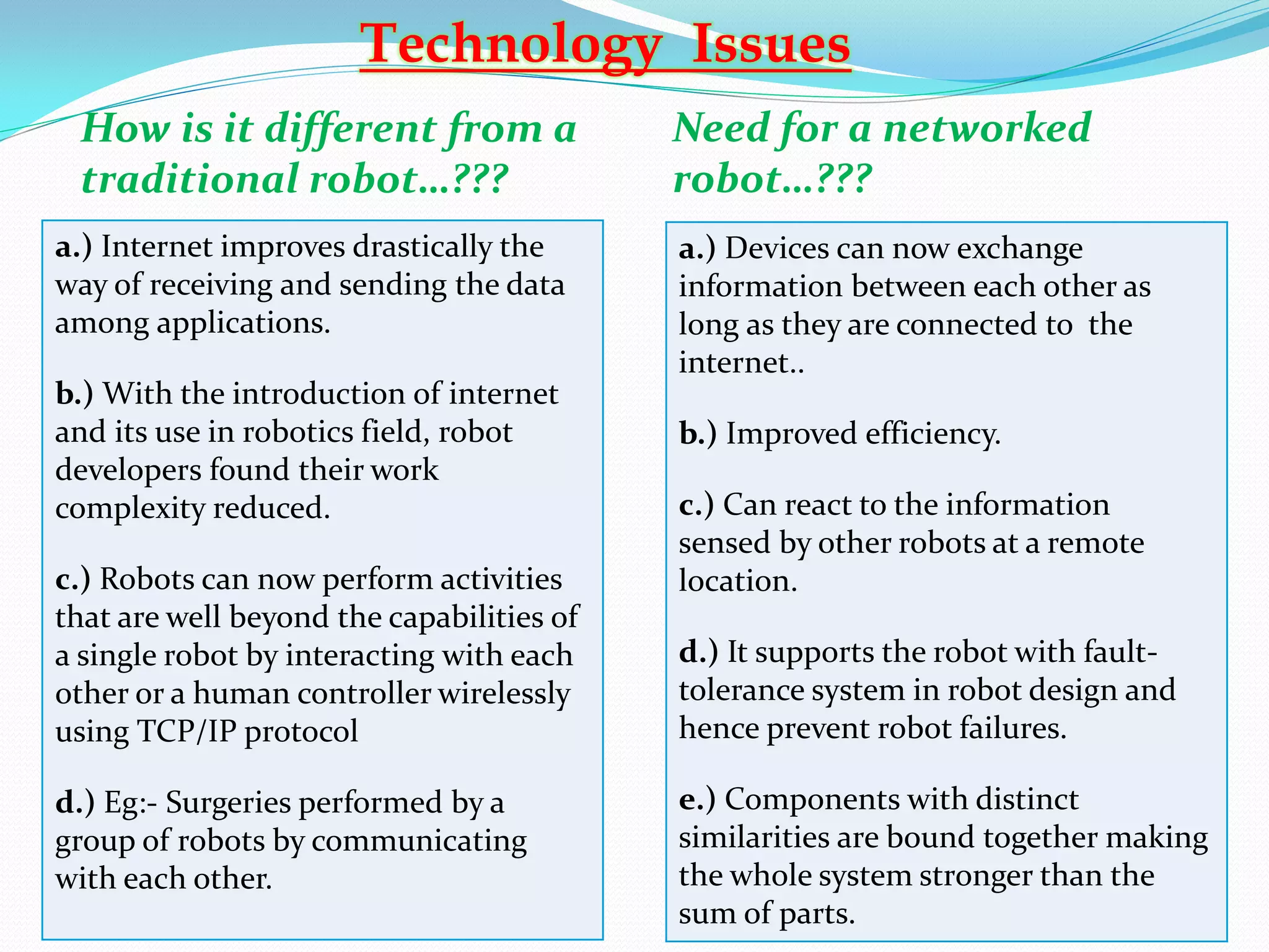 Technology Issues
 How is it different from a                Need for a networked
 traditional robot…???                     robot…???
a.) Internet improves drastically the      a.) Devices can now exchange
way of receiving and sending the data      information between each other as
among applications.                        long as they are connected to the
                                           internet..
b.) With the introduction of internet
and its use in robotics field, robot       b.) Improved efficiency.
developers found their work
complexity reduced.                        c.) Can react to the information
                                           sensed by other robots at a remote
c.) Robots can now perform activities      location.
that are well beyond the capabilities of
a single robot by interacting with each    d.) It supports the robot with fault-
other or a human controller wirelessly     tolerance system in robot design and
using TCP/IP protocol                      hence prevent robot failures.

d.) Eg:- Surgeries performed by a          e.) Components with distinct
group of robots by communicating           similarities are bound together making
with each other.                           the whole system stronger than the
                                           sum of parts.
 