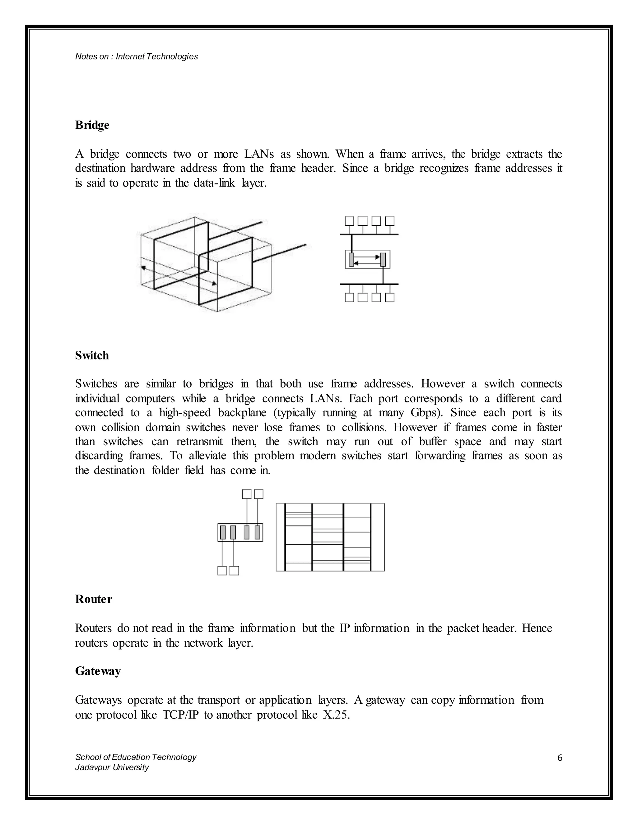Notes on : Internet Technologies
School of Education Technology
Jadavpur University
6
Bridge
A bridge connects two or more LANs as shown. When a frame arrives, the bridge extracts the
destination hardware address from the frame header. Since a bridge recognizes frame addresses it
is said to operate in the data-link layer.
Switch
Switches are similar to bridges in that both use frame addresses. However a switch connects
individual computers while a bridge connects LANs. Each port corresponds to a different card
connected to a high-speed backplane (typically running at many Gbps). Since each port is its
own collision domain switches never lose frames to collisions. However if frames come in faster
than switches can retransmit them, the switch may run out of buffer space and may start
discarding frames. To alleviate this problem modern switches start forwarding frames as soon as
the destination folder field has come in.
Router
Routers do not read in the frame information but the IP information in the packet header. Hence
routers operate in the network layer.
Gateway
Gateways operate at the transport or application layers. A gateway can copy information from
one protocol like TCP/IP to another protocol like X.25.
 