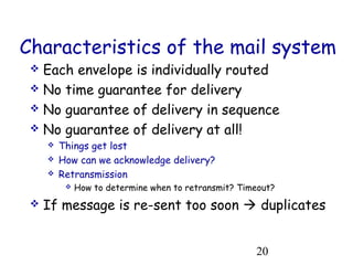 Characteristics of the mail system 
 Each envelope is individually routed 
 No time guarantee for delivery 
 No guarantee of delivery in sequence 
 No guarantee of delivery at all! 
20 
 Things get lost 
 How can we acknowledge delivery? 
 Retransmission 
 How to determine when to retransmit? Timeout? 
 If message is re-sent too soon  duplicates 
 