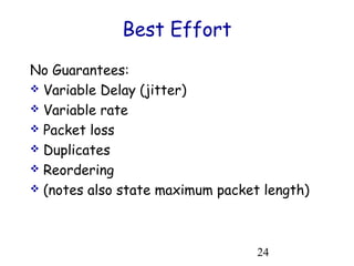 24 
Best Effort 
No Guarantees: 
 Variable Delay (jitter) 
 Variable rate 
 Packet loss 
 Duplicates 
 Reordering 
 (notes also state maximum packet length) 
 